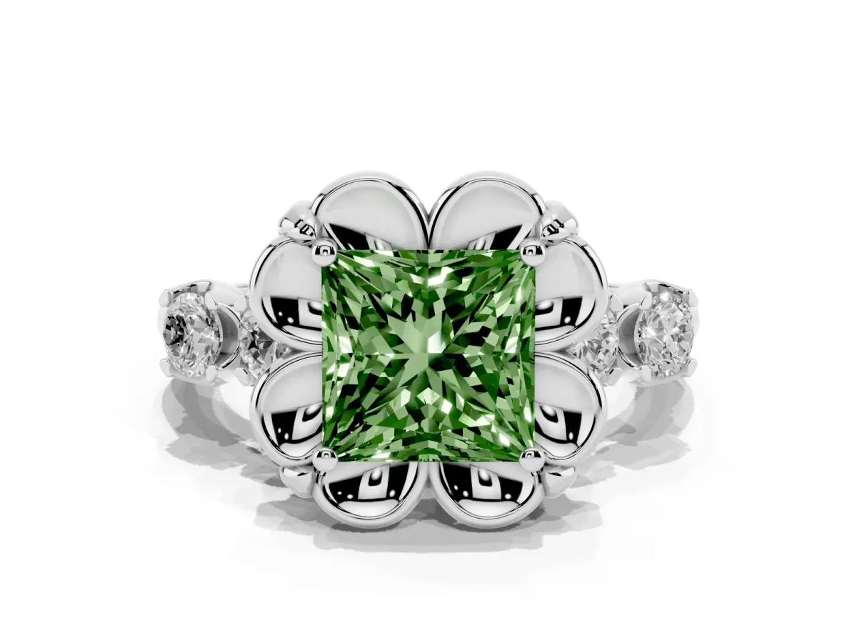 Fancy Green Princess Cut Cut Diamond Floral Halo Engagement Ring with Shared Prong Setting Platinum