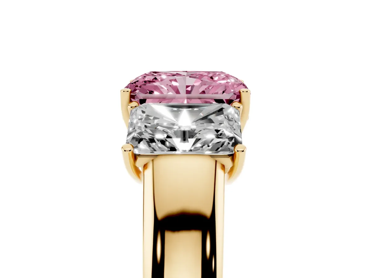 Fancy Pink Three-Stone Radiant Cut Cut Diamond Ring with Prong Setting and Classic Band Yellow gold