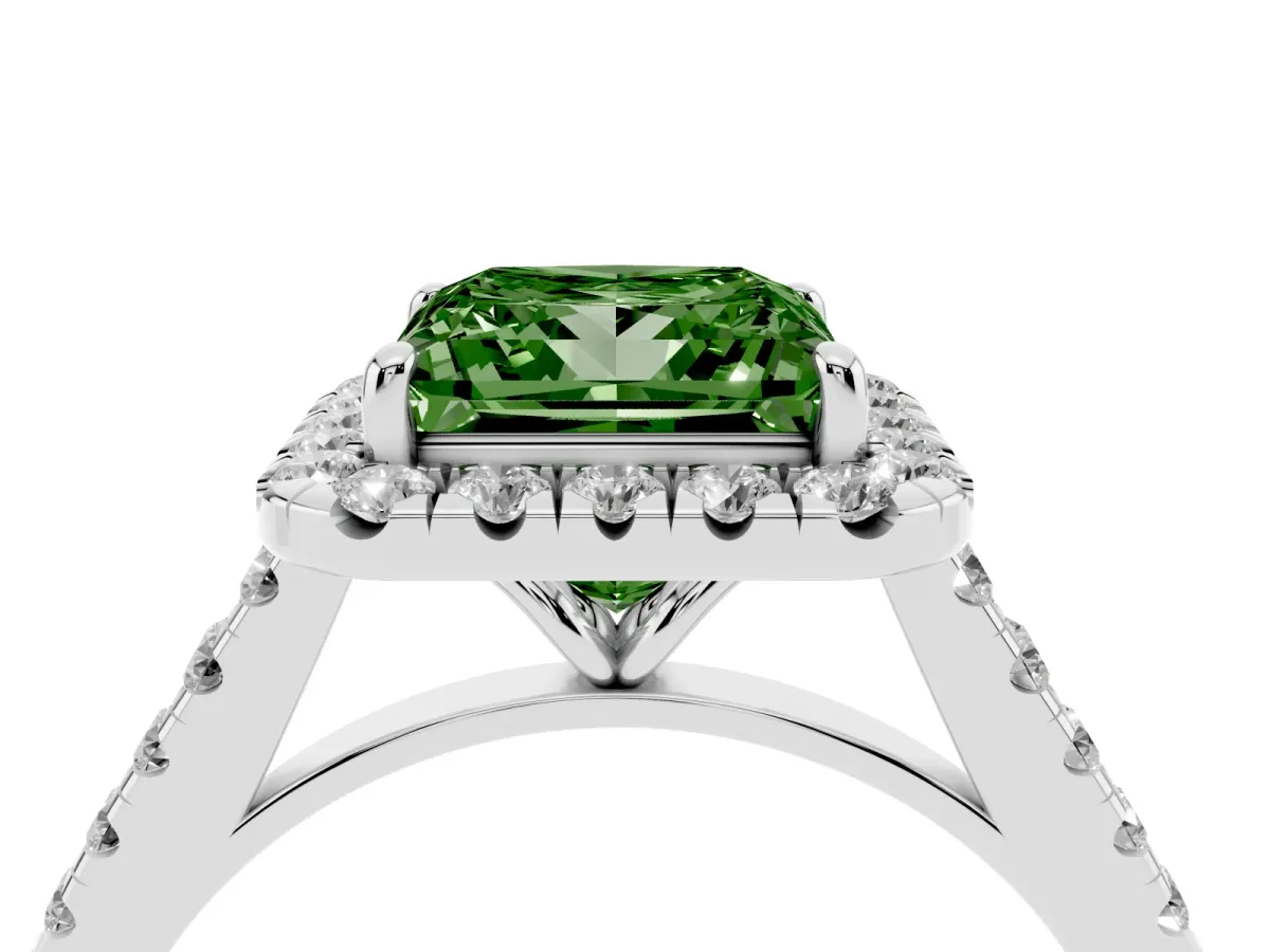 Fancy Green Princess Cut Halo Pave Diamond Engagement Ring with Four-Prong Setting Silver