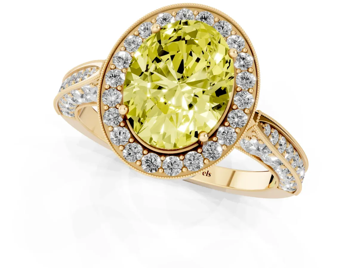Fancy Yellow Oval Cut Halo Diamond Engagement Ring with Split Shank Band and Four-Prong Setting Yellow gold