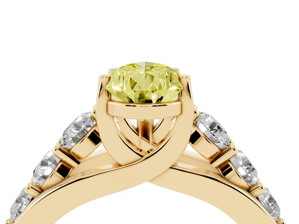 Fancy Yellow Pear Cut Diamond Engagement Ring with Pavé Band and Four-Prong Setting Yellow gold