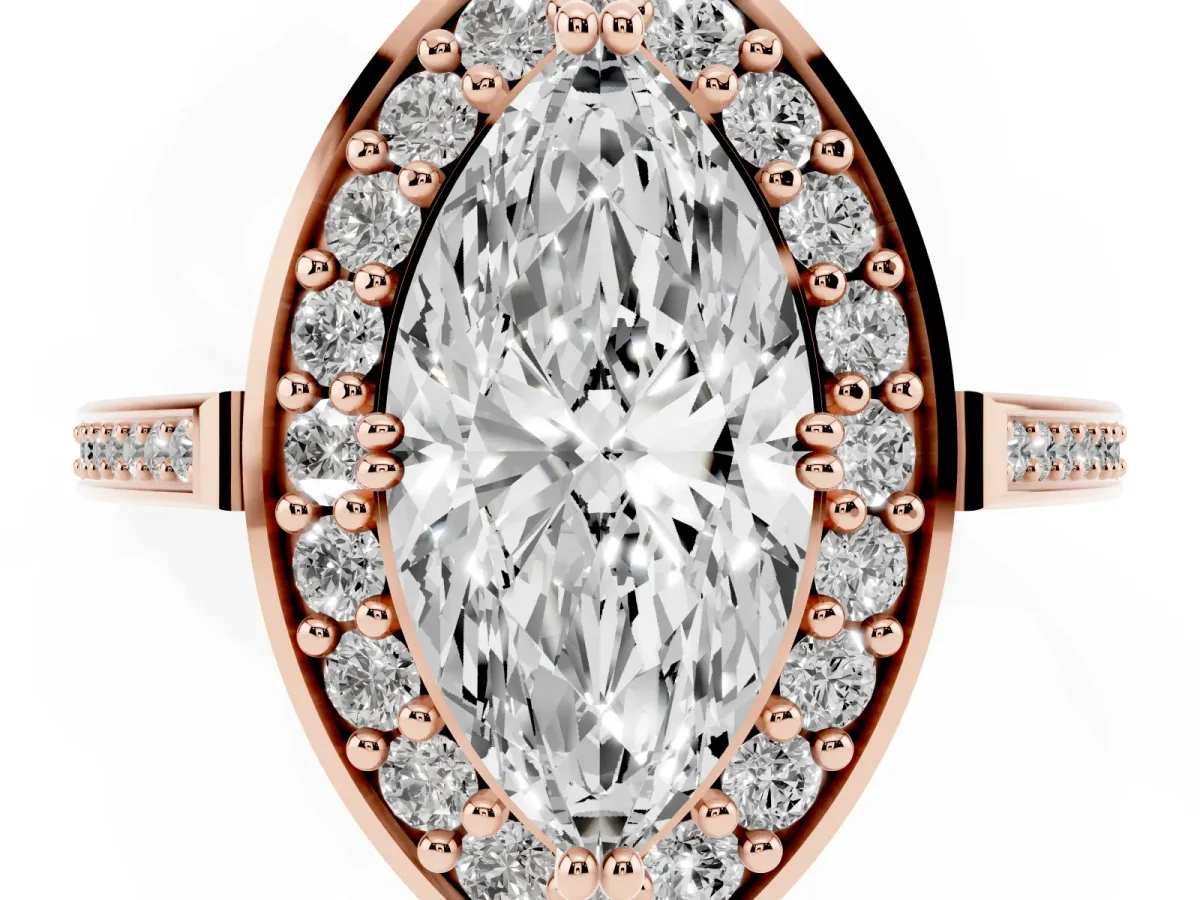Marquise Cut Diamond Halo Ring with Split Shank and Four-Prong Setting Rose gold