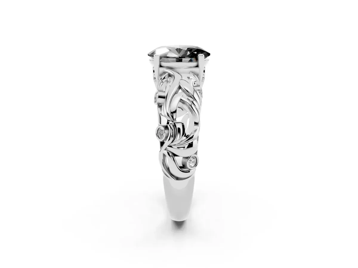 Fancy Black Oval Cut Solitaire Diamond Leaf-Inspired Vine Band Ring with Prong Setting Platinum