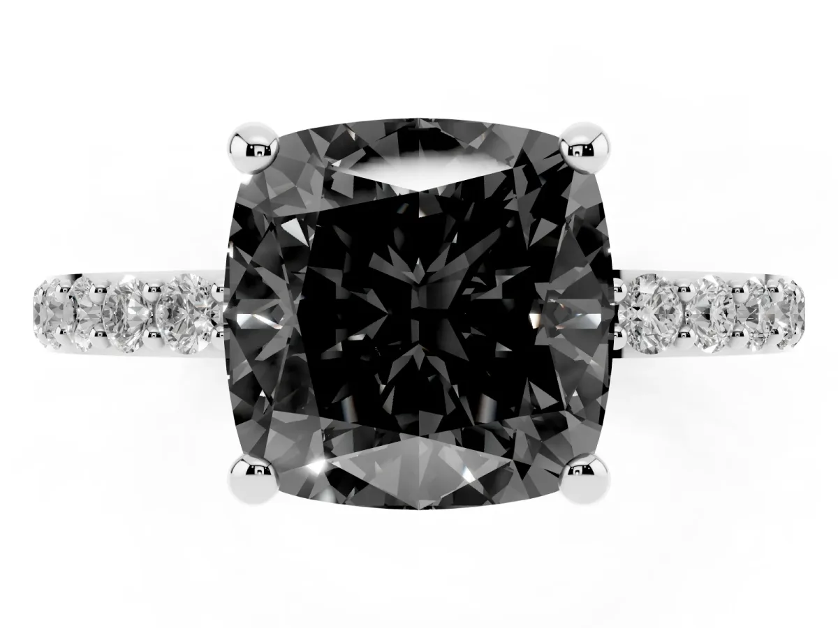 Fancy Black Cushion Cut Diamond Solitaire Ring with Round Pavé Band and Prong Setting Silver