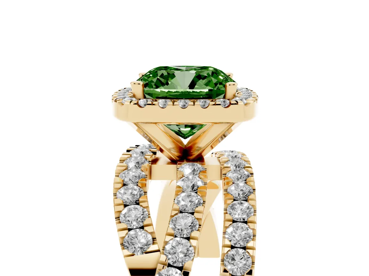 Fancy Green Cushion Cut Diamond Halo Ring with Round Split Shank and Prong Setting Yellow gold