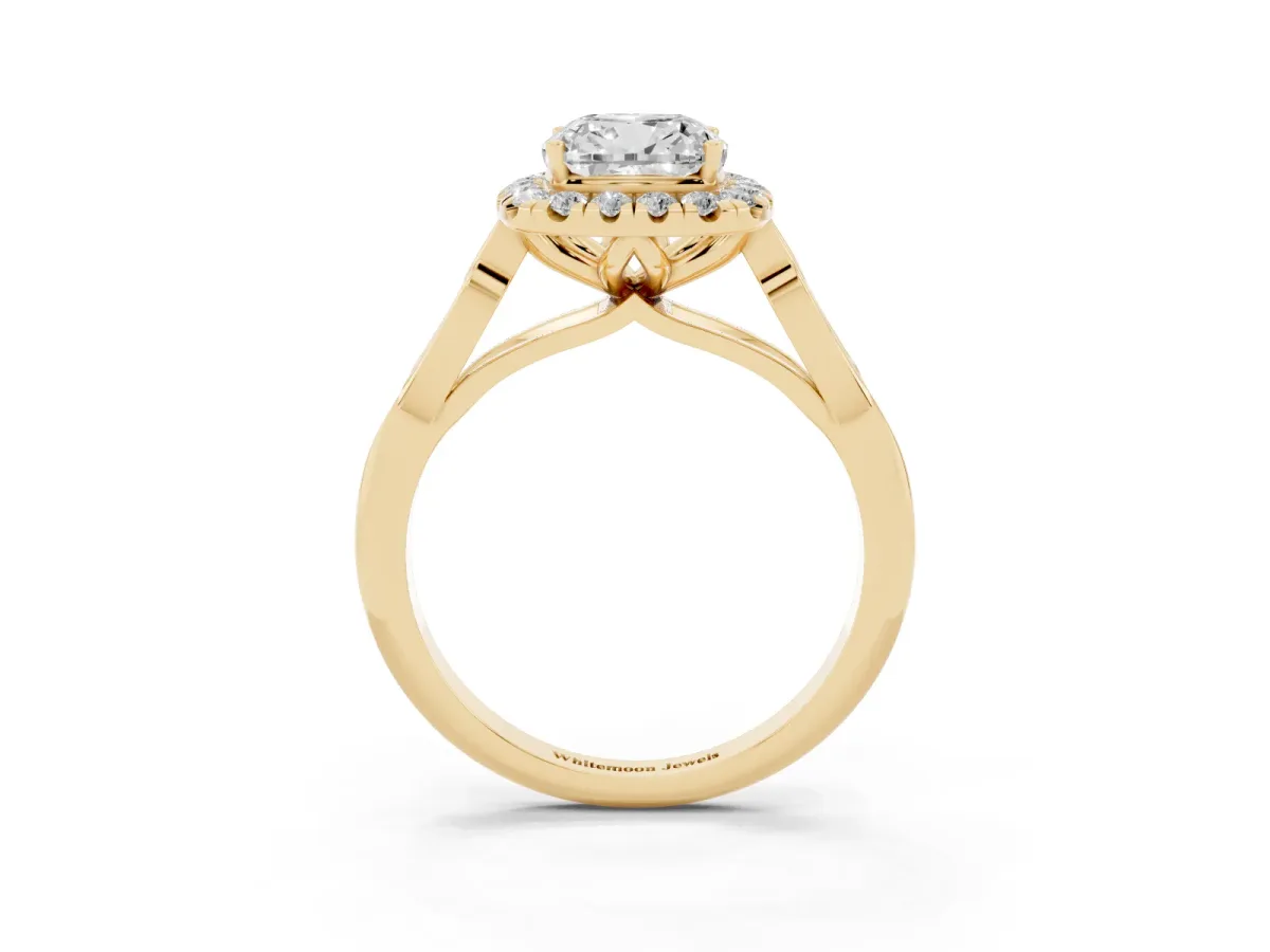 Cushion Cut Halo Diamond Engagement Ring with Filigree Band and Four-Prong Setting Yellow gold