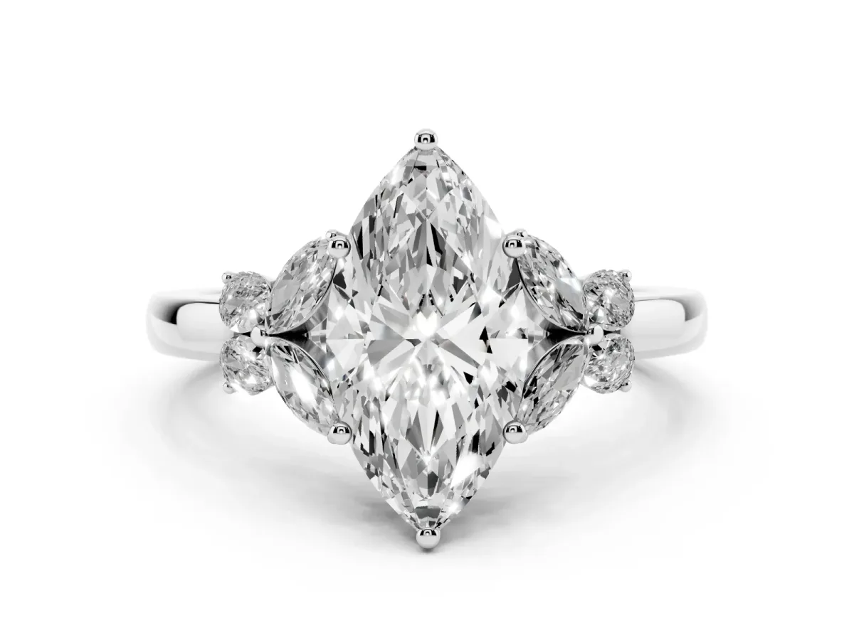 Marquise Cut Cut Solitaire Floral Diamond Ring with Four-Prong Setting Silver
