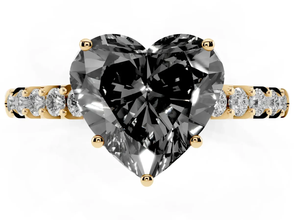 Fancy Black Heart Cut Solitaire Diamond Engagement Ring with Pavé Band and Six-Prong Setting Yellow gold