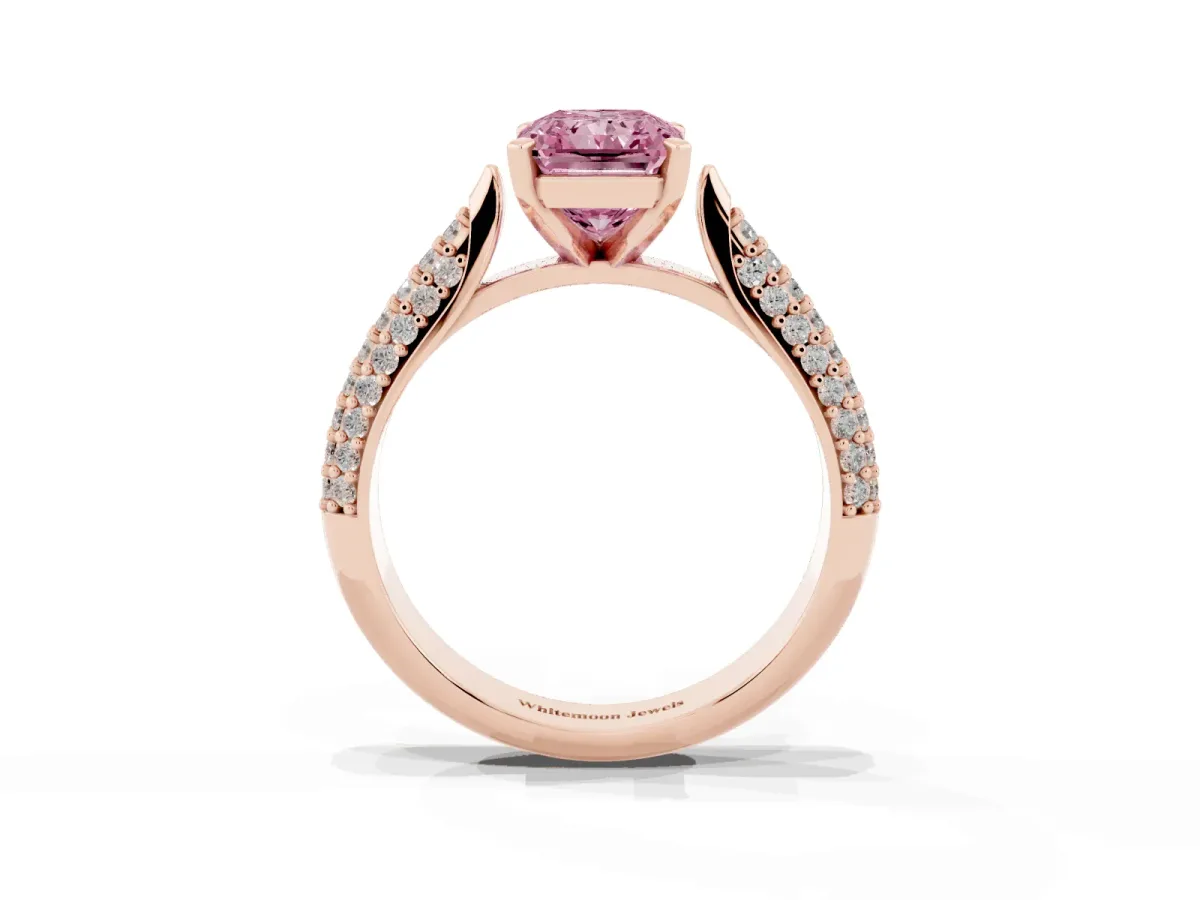 Fancy Pink Radiant Cut Diamond Solitaire Engagement Ring with Multi-Row Round Pavé Band and Prong Setting Rose gold