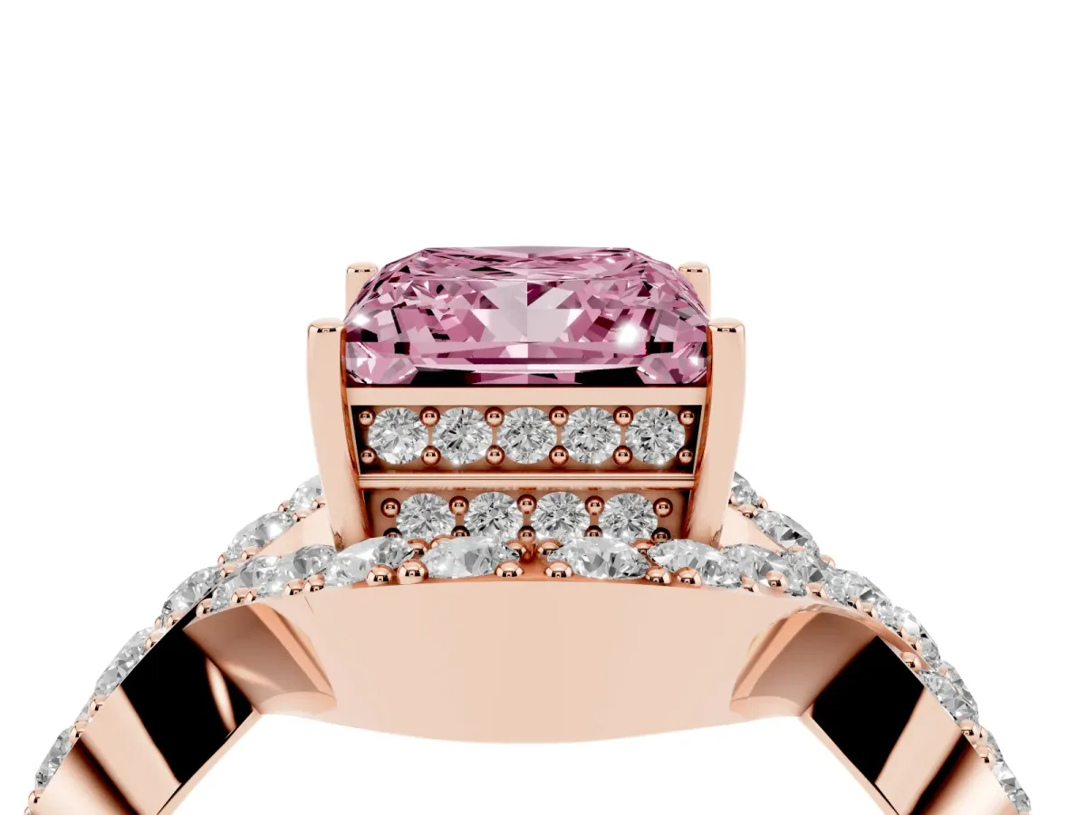 Fancy Pink Princess Cut Solitaire Twist Band Pavé Diamond Engagement Ring Rose gold