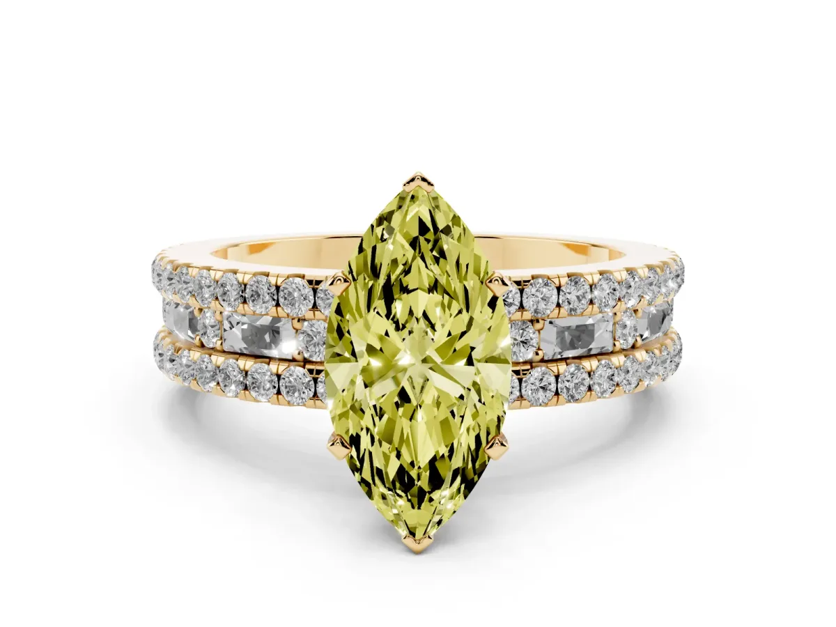 Fancy Yellow Marquise Cut Diamond Solitaire Ring with Pavé and Channel Set Band Yellow gold