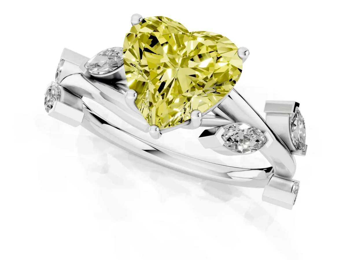 Fancy Yellow Heart Cut Solitaire Twisted Band Marquise Accent Prong Setting Ring Silver