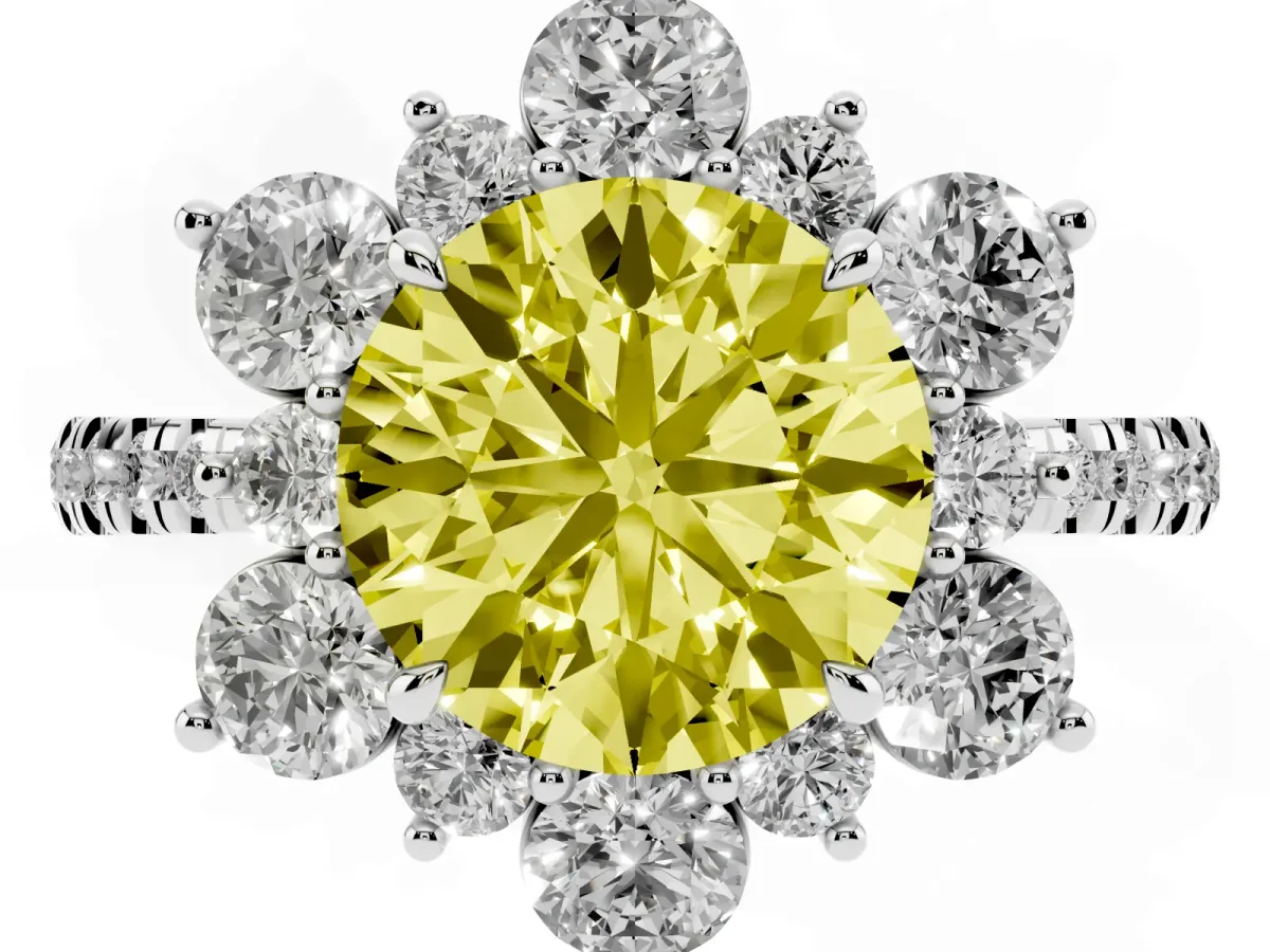 Fancy Yellow Round Cut Diamond Floral Halo Ring with Round Pavé Band and Prong Setting Silver