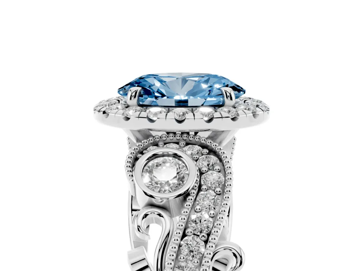 Fancy Blue Oval Cut Diamond Halo Ring with Milgrain Pavé Band and Four-Prong Setting Silver