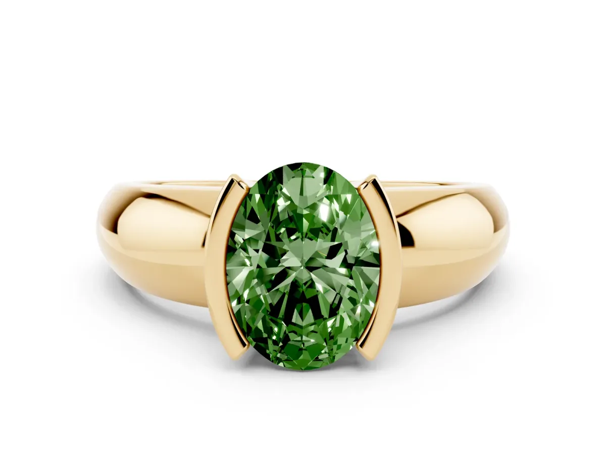 Fancy Green Oval Cut Solitaire Tension Set Diamond Ring with Wide Band Yellow gold
