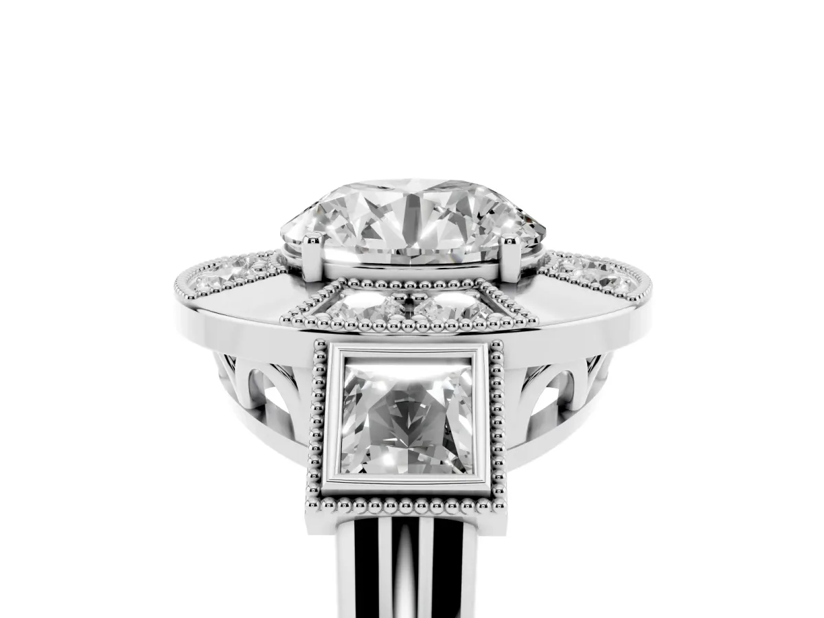 Milgrain Round Cut Diamond Halo Split Shank Ring Platinum