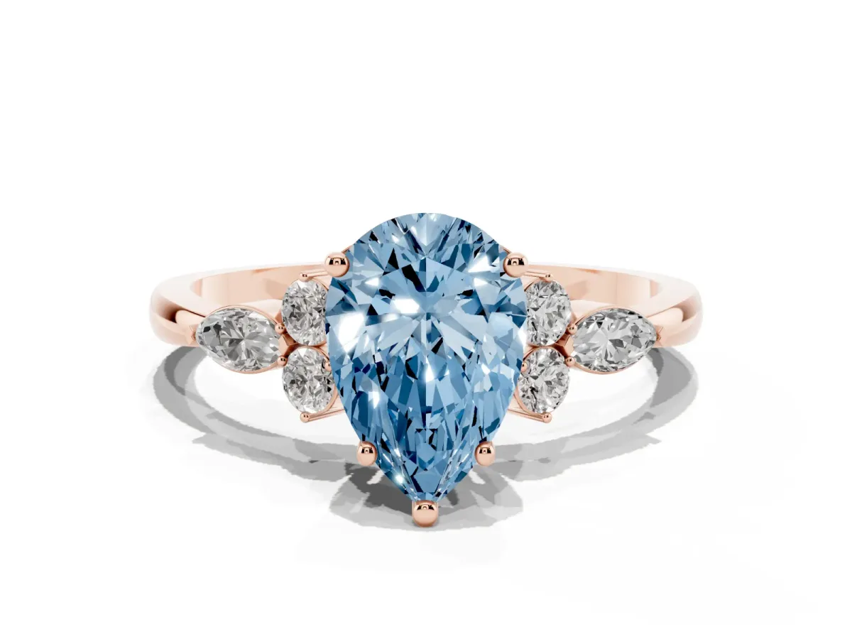 Fancy Blue Pear Cut Brilliant Diamond Solitaire Ring with Pear Side Stones and Four-Prong Setting Rose gold