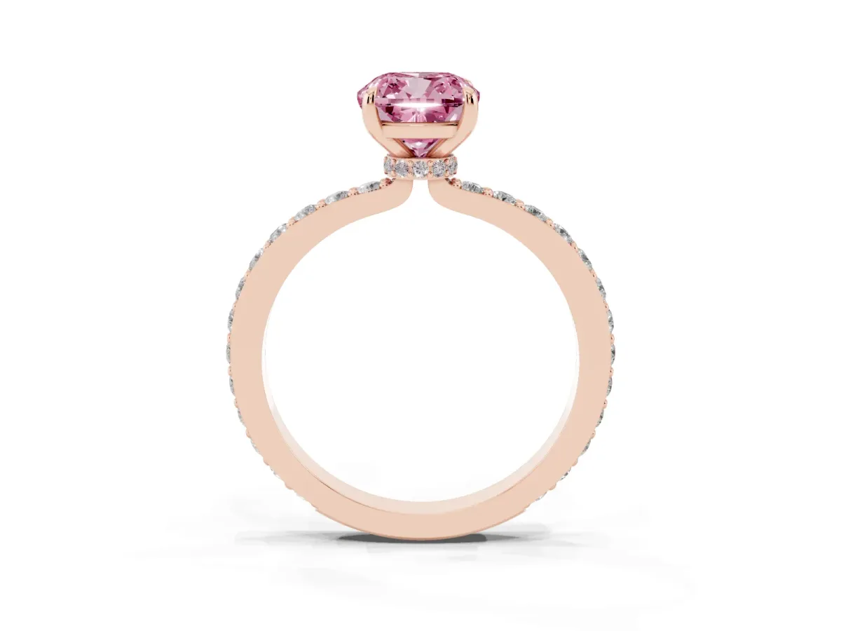 Fancy Pink Cushion Cut Diamond Solitaire Engagement Ring with Pavé Band and Four-Prong Setting Rose gold