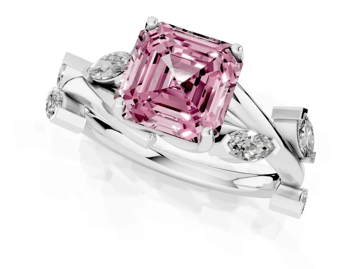 Fancy Pink Asscher Cut Solitaire Twisted Band Marquise Accent Prong Setting Ring Silver