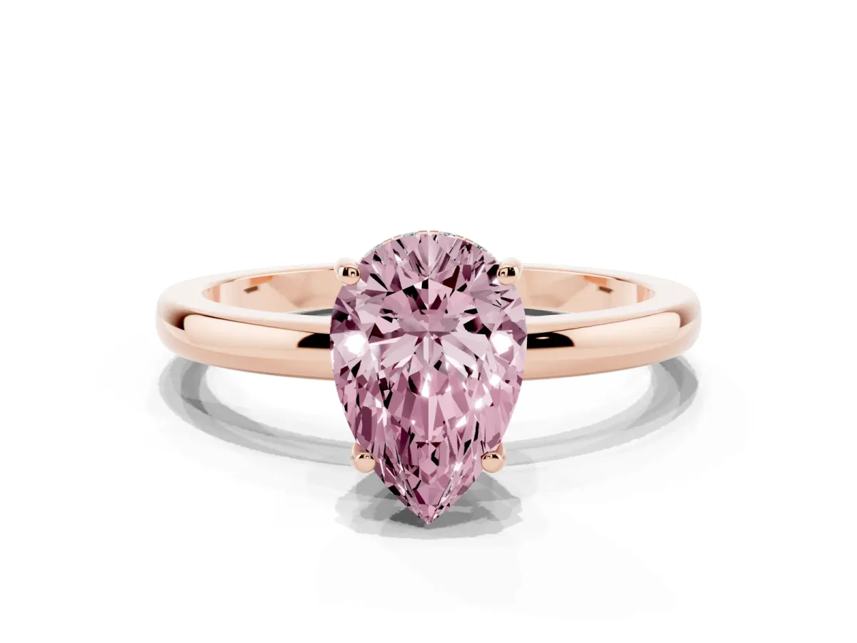 Fancy Pink Pear Cut Solitaire Diamond Ring with Prong Setting and Plain Band Rose gold