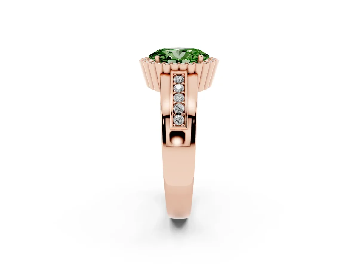 Fancy Green Oval Cut Cut Halo Pave Band Four-Prong Ring Rose gold