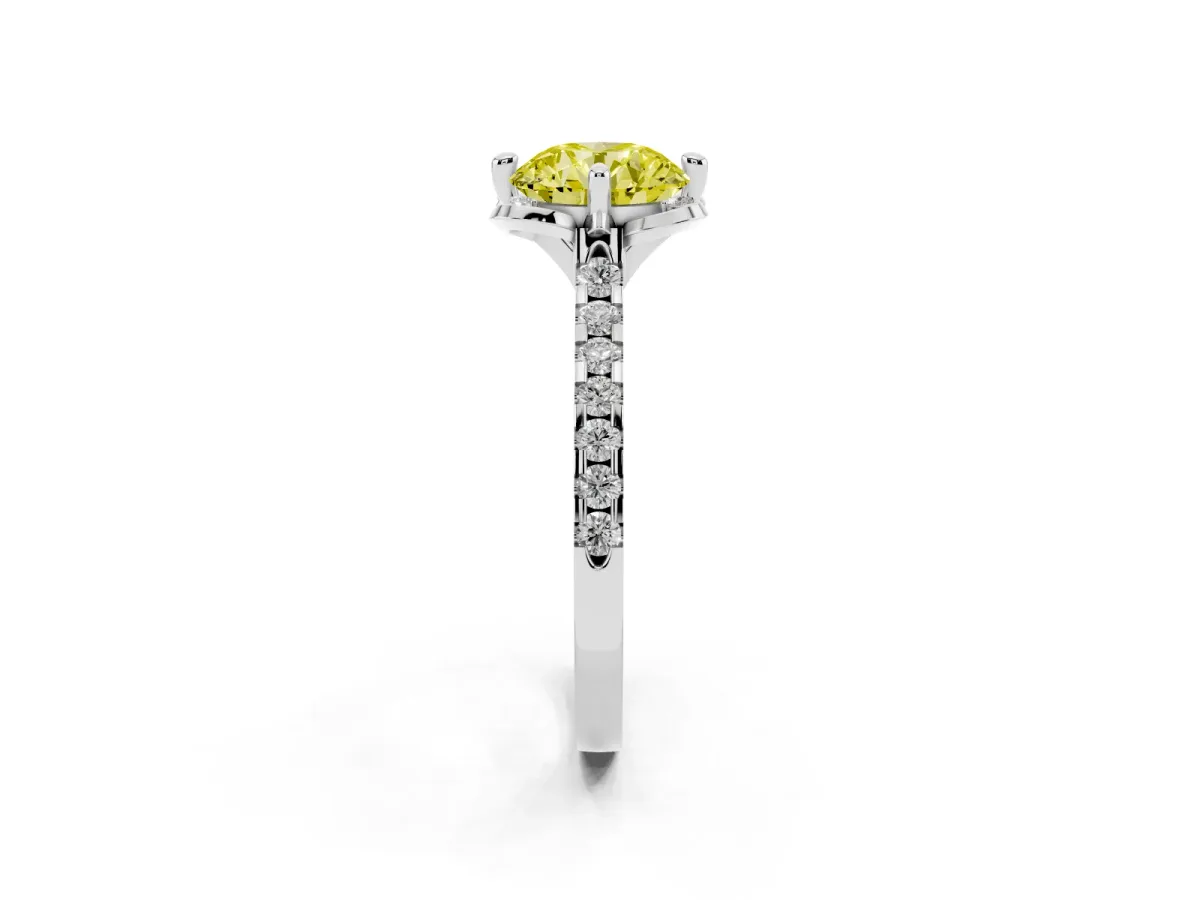 Fancy Yellow Round Cut Diamond Ring with Pavé Band and Floral Prong Setting White gold