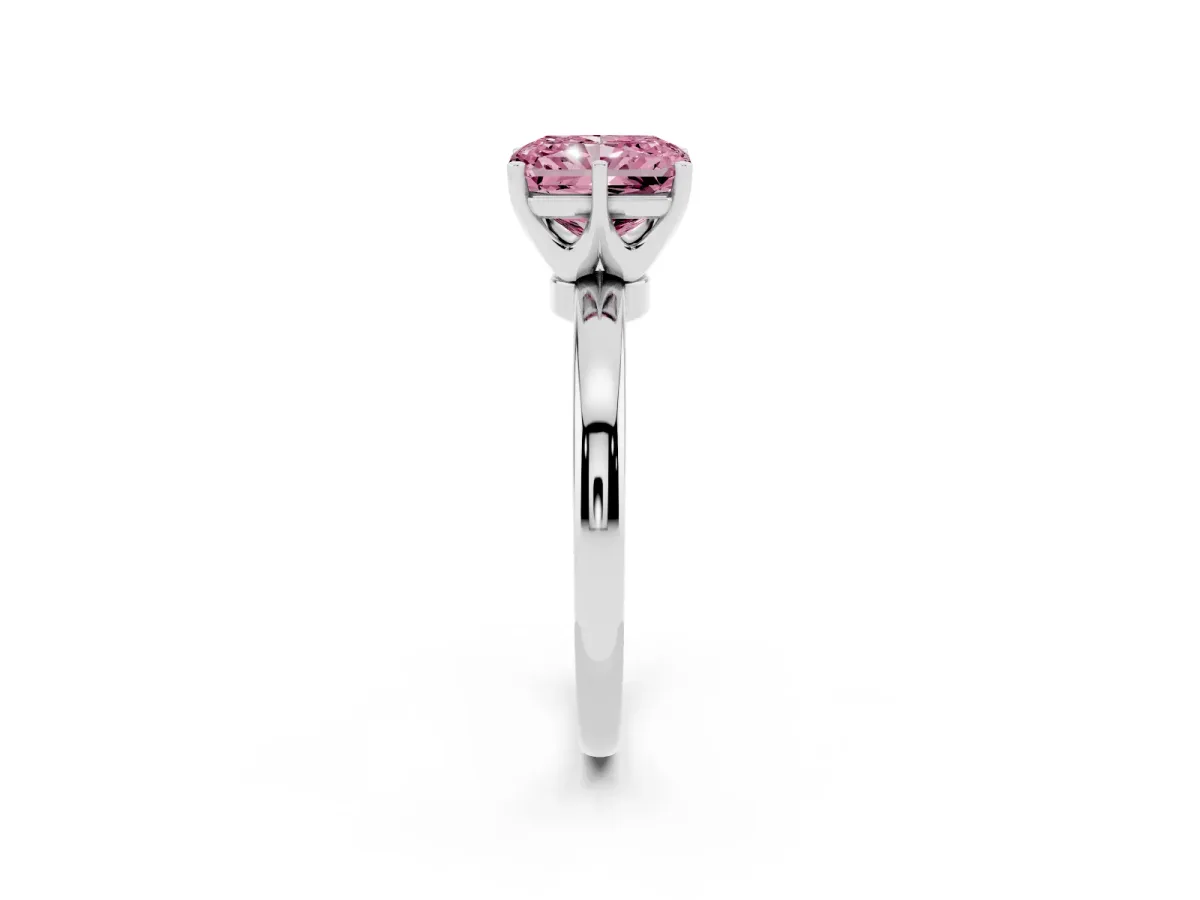 Fancy Pink Radiant Cut Solitaire Diamond Ring with Six-Prong Setting on a Classic Band Silver
