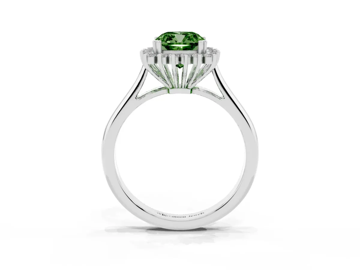 Fancy Green Cushion Cut Cut Diamond Halo Ring with Solitaire Band and Prong Setting Silver