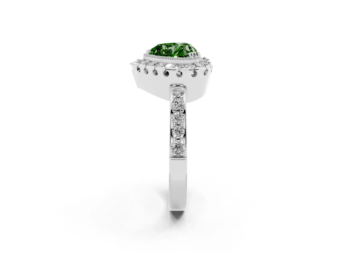 Fancy Green Heart Cut Diamond Halo Ring with Pavé Band and Prong Setting Platinum