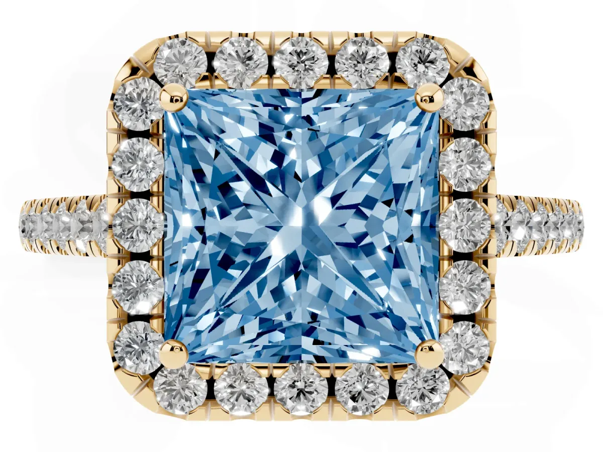 Fancy Blue Princess Cut Halo Pave Diamond Engagement Ring with Four-Prong Setting Yellow gold