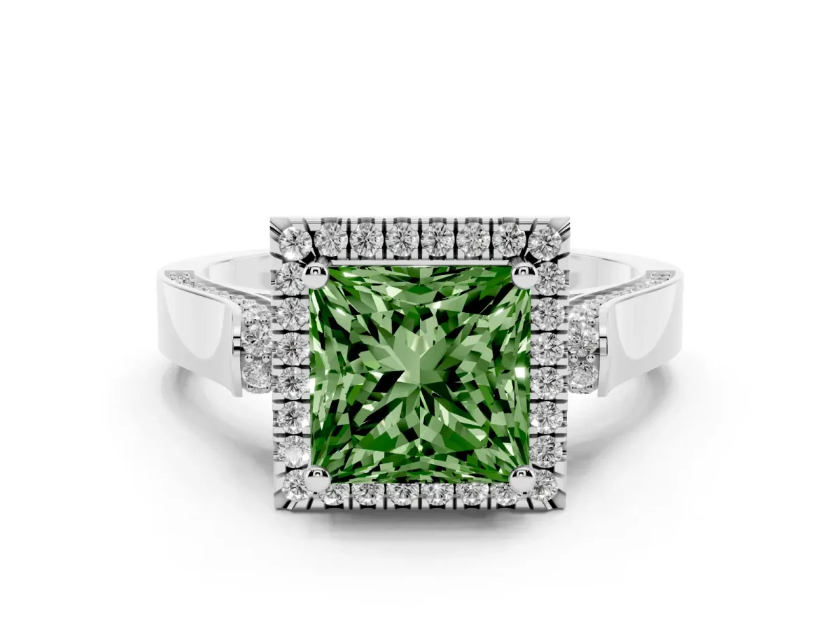Fancy Green Princess Cut Halo Round Diamond Twist Band with Four-Prong Setting White gold