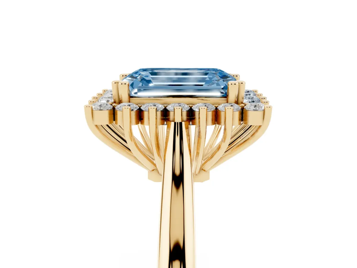 Fancy Blue Emerald Cut Cut Diamond Halo Ring with Solitaire Band and Prong Setting Yellow gold