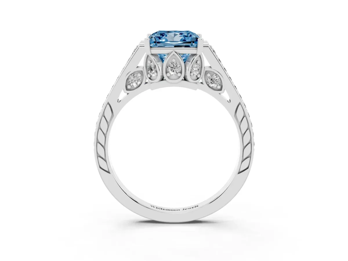 Fancy Blue Princess Cut Cut Cathedral Pave Diamond Engagement Ring with Six-Prong Setting Silver