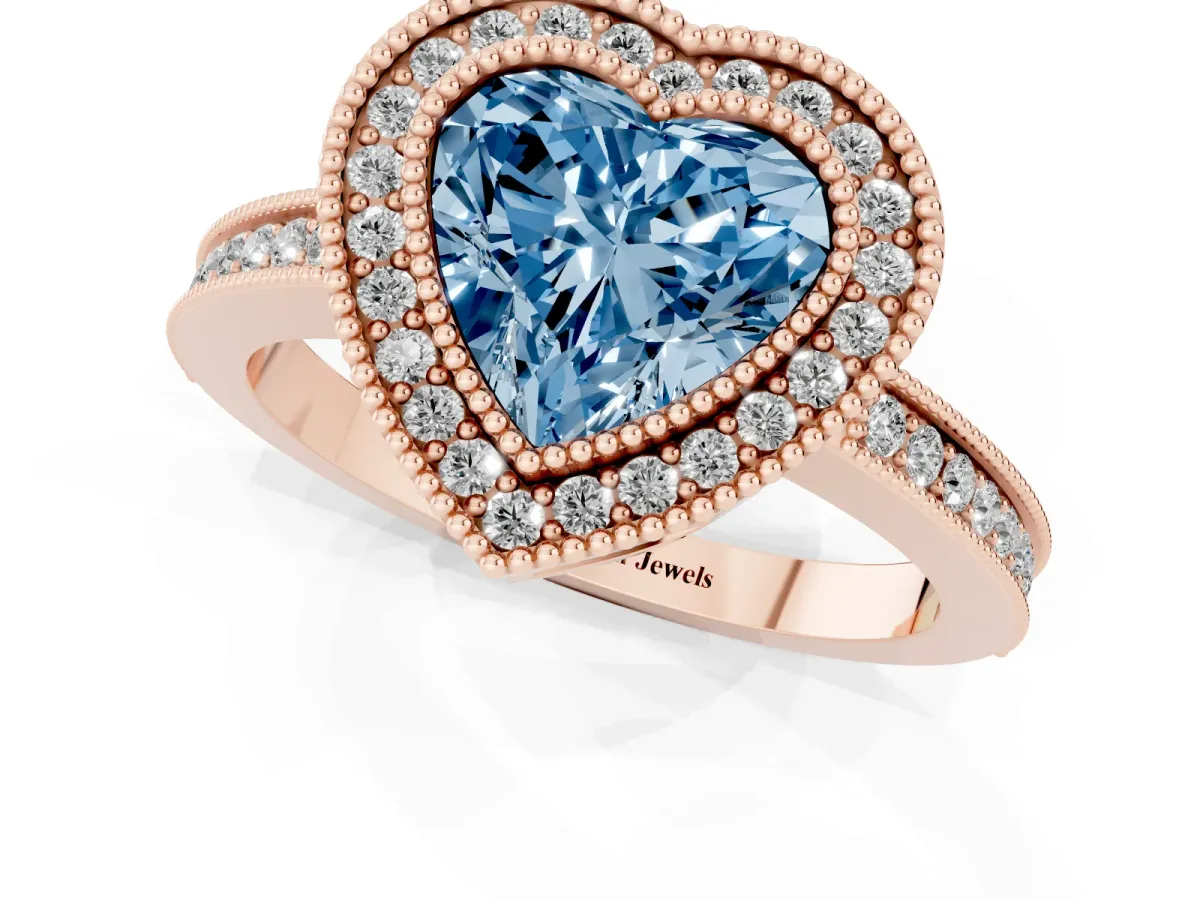 Fancy Blue Heart Cut Cut Halo Diamond Ring with Pavé Band and Milgrain Prong Setting Rose gold