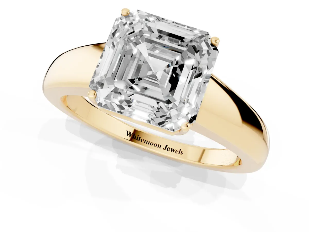 Asscher Cut Solitaire Diamond Ring with Tapered Band and Four-Prong Setting Yellow gold