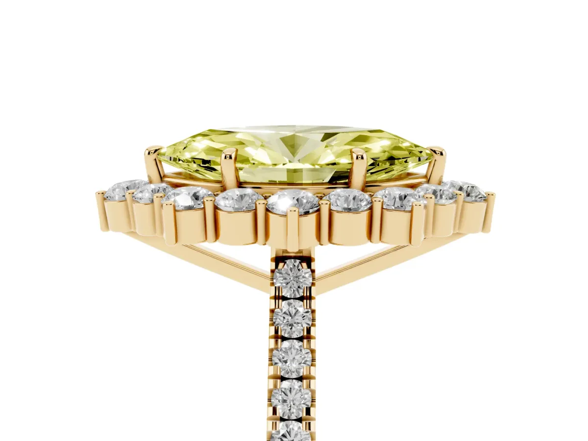 Fancy Yellow Marquise Cut Halo Diamond Ring with Pavé Band and Prong Setting Yellow gold