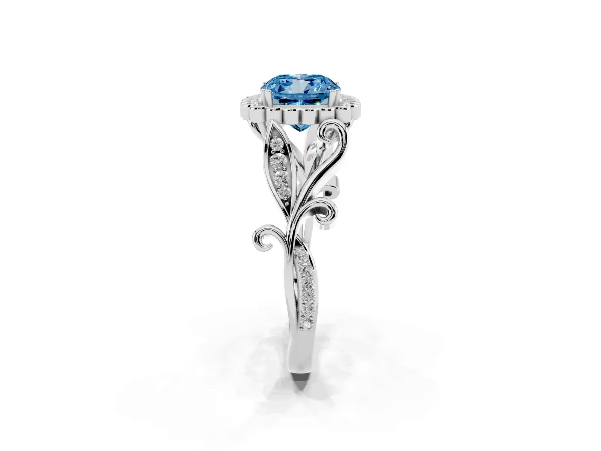 Fancy Blue Cushion Cut Diamond Halo Ring with Vintage Split Shank and Four-Prong Setting Silver