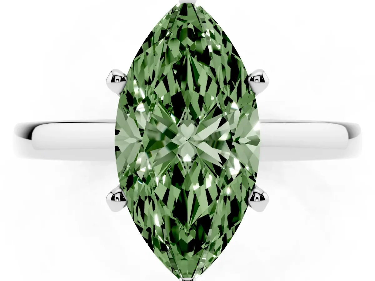 Fancy Green Marquise Cut Solitaire Diamond Engagement Ring with Four-Prong Setting on a Classic Band Silver