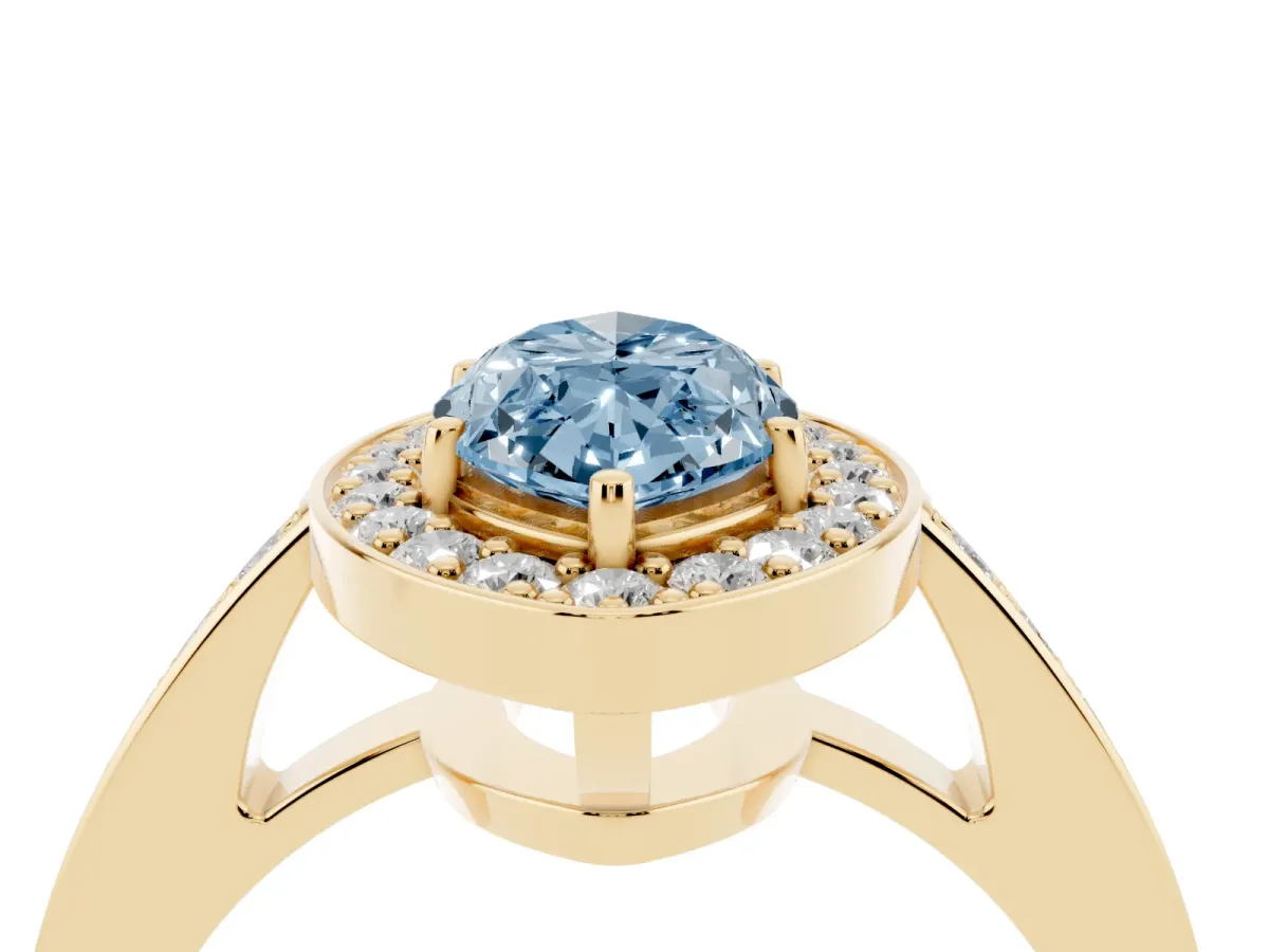 Fancy Blue Marquise Cut Halo Pavé Diamond Engagement Ring with Bezel Setting Yellow gold