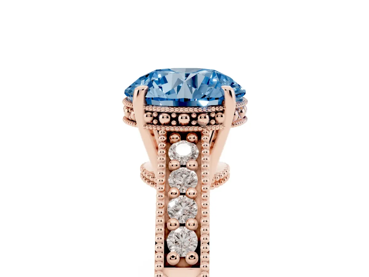 Fancy Blue Round Cut Solitaire Pavé Diamond Milgrain Engagement Ring with Four-Prong Setting Rose gold