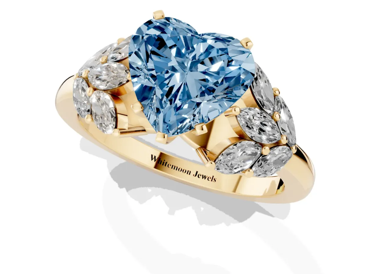 Fancy Blue Heart Cut Diamond Cluster Leaf Design Ring with Prong Setting Yellow gold