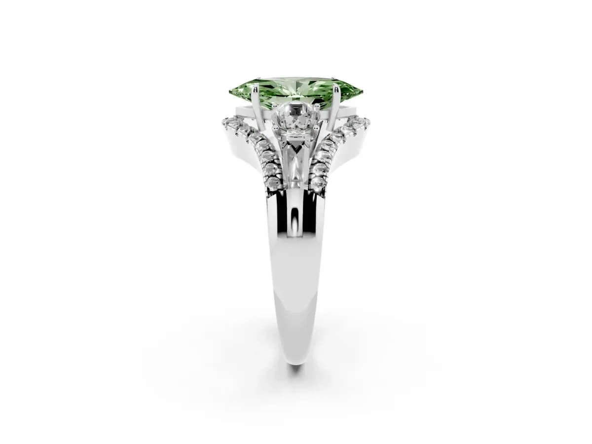 Fancy Green Three-Stone Marquise Cut Diamond Engagement Ring with Pave Band and Prong Setting Silver