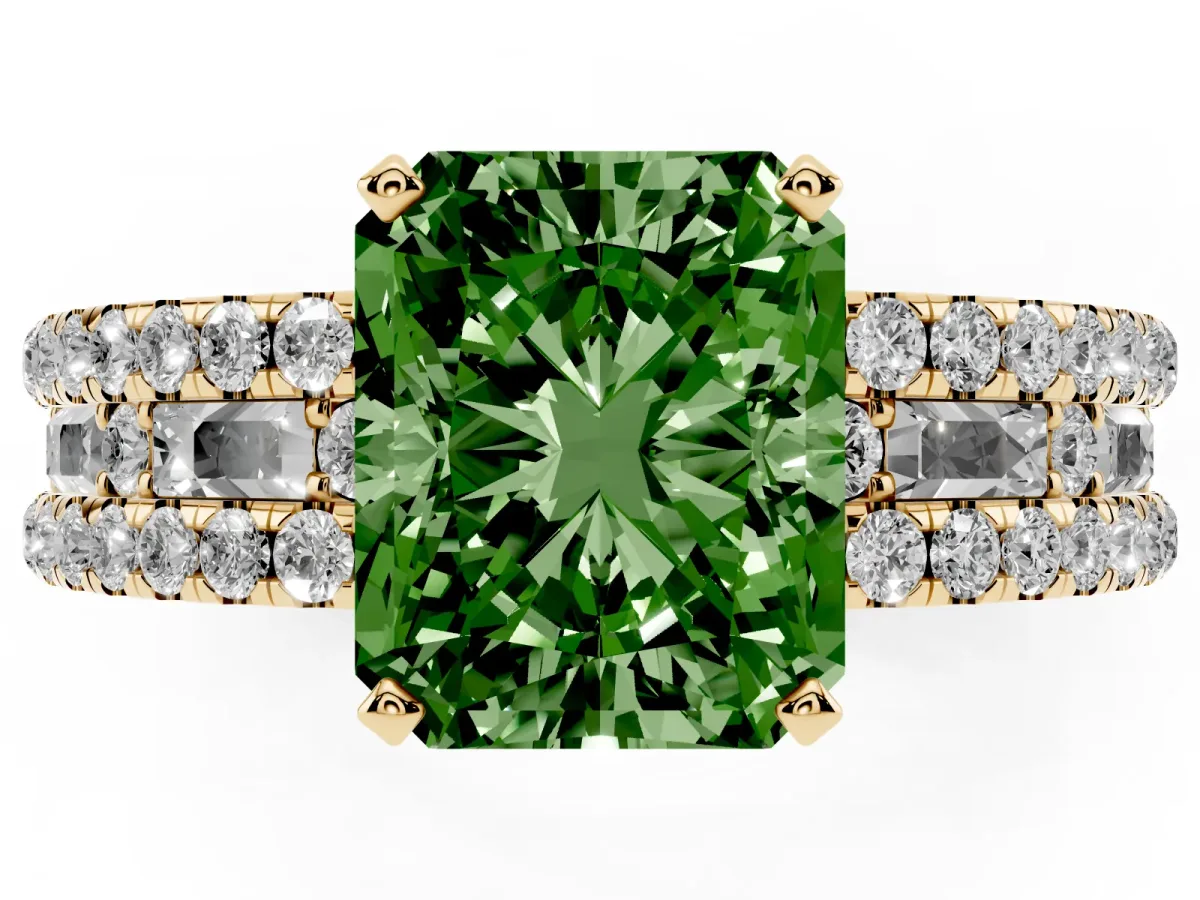 Fancy Green Radiant Cut Diamond Solitaire Ring with Pavé and Channel Set Band Yellow gold