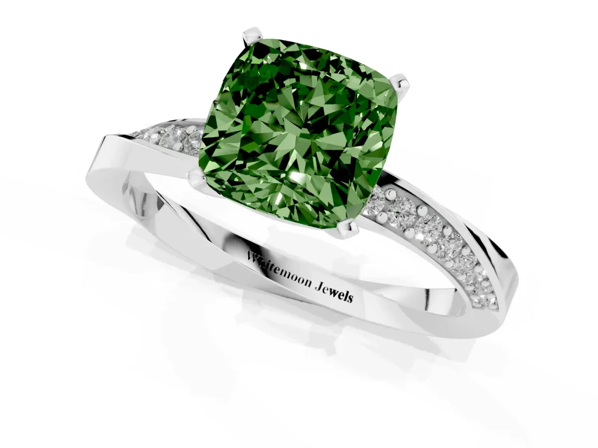 Fancy Green Cushion Cut Diamond Engagement Ring with Side Stone Accents and Four-Prong Setting Silver