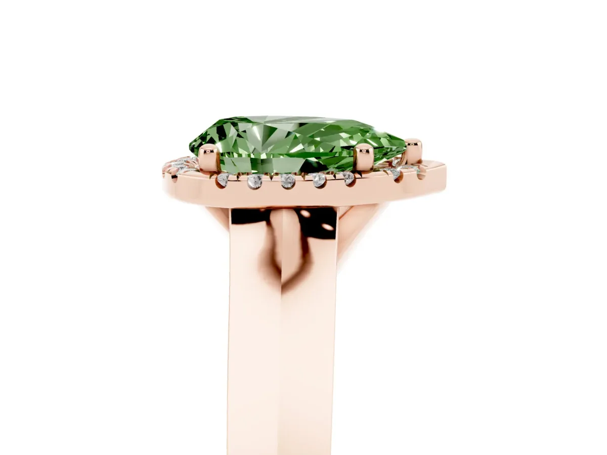 Fancy Green Pear Cut Halo Diamond Ring with Cathedral Band and Four-Prong Setting Rose gold