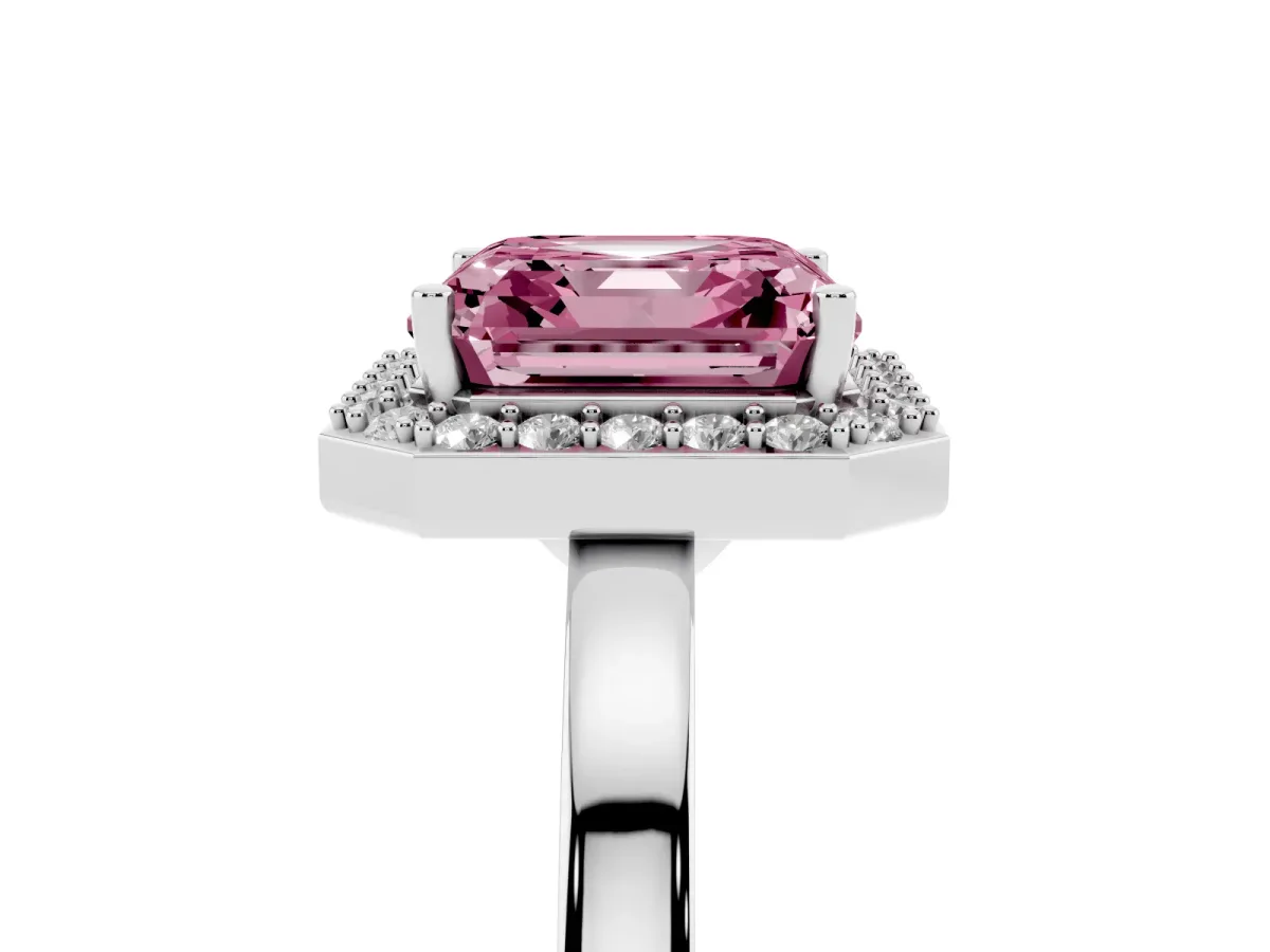 Fancy Pink Asscher Cut Halo Diamond Ring with Solitaire Band and Prong Setting White gold