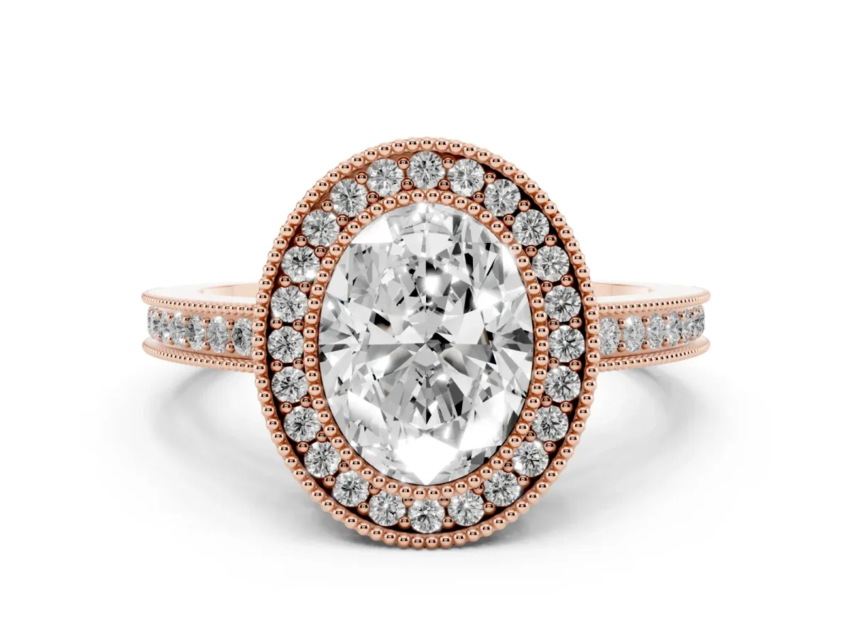 Oval Cut Cut Halo Diamond Ring with Pavé Band and Milgrain Prong Setting Rose gold