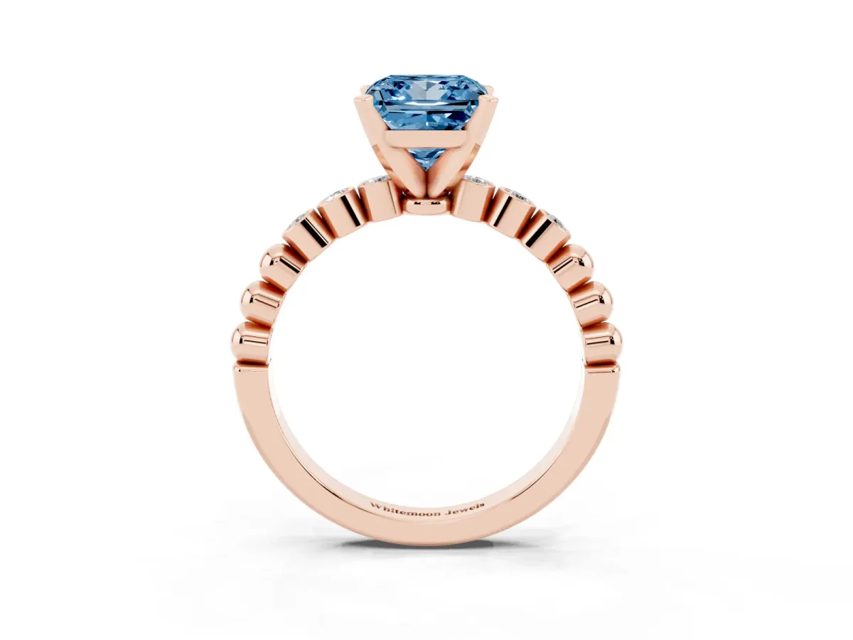 Fancy Blue Princess Cut Solitaire Bezel Accent Diamond Engagement Ring with Beaded Band and Four-Prong Setting Rose gold