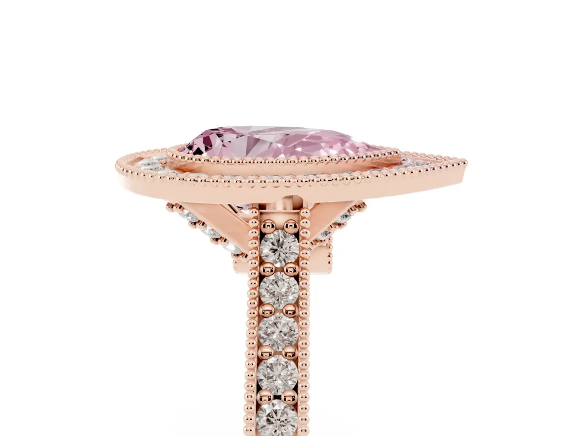 Fancy Pink Halo Pear Cut-Cut Diamond Pave Band Milgrain Prong Setting Ring Rose gold