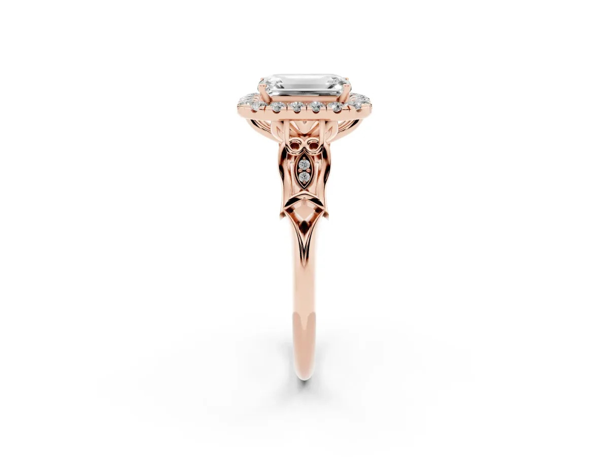 Emerald Cut Halo Diamond Engagement Ring with Filigree Band and Four-Prong Setting Rose gold